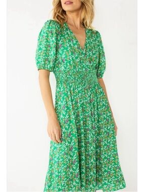 Draper James Green Floral V-Neck Smocked Midi Dress with Puff Sleeves - Size 3X